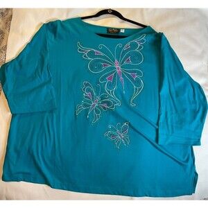 VTG - Bob Mackie - Wearable Art Blue Top Butterfly Embroidery Design Size 3X